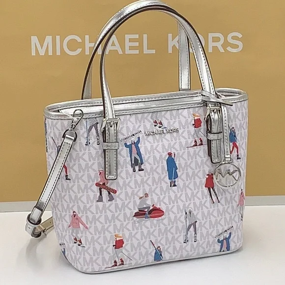 Michael Kors Jet Set Girls Print Bright White Signature XS Carryall Top Zip Tote - Picture 6 of 16